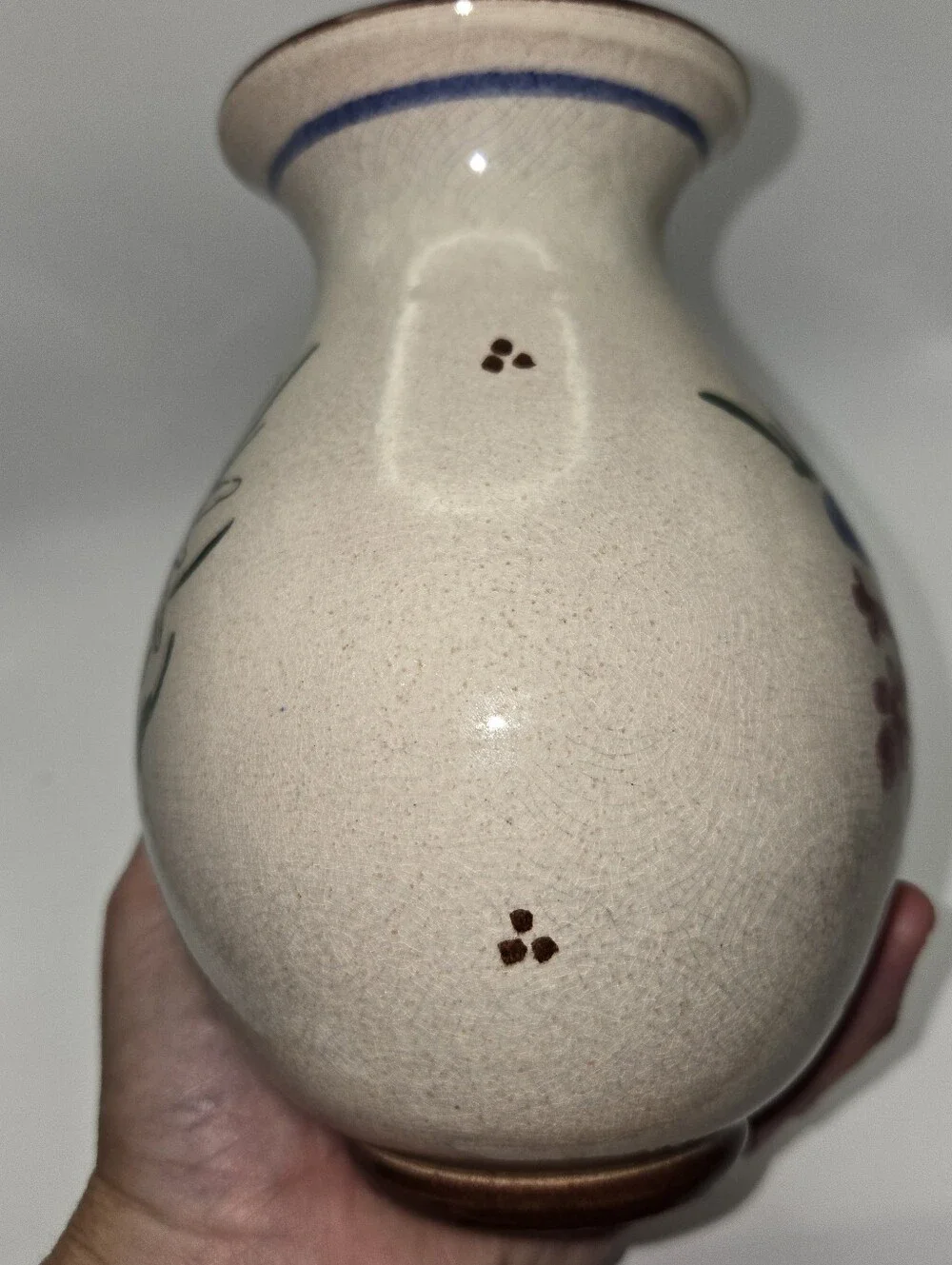 Vintage Handpainted Floral Ceramic Vase With Crackled Glaze